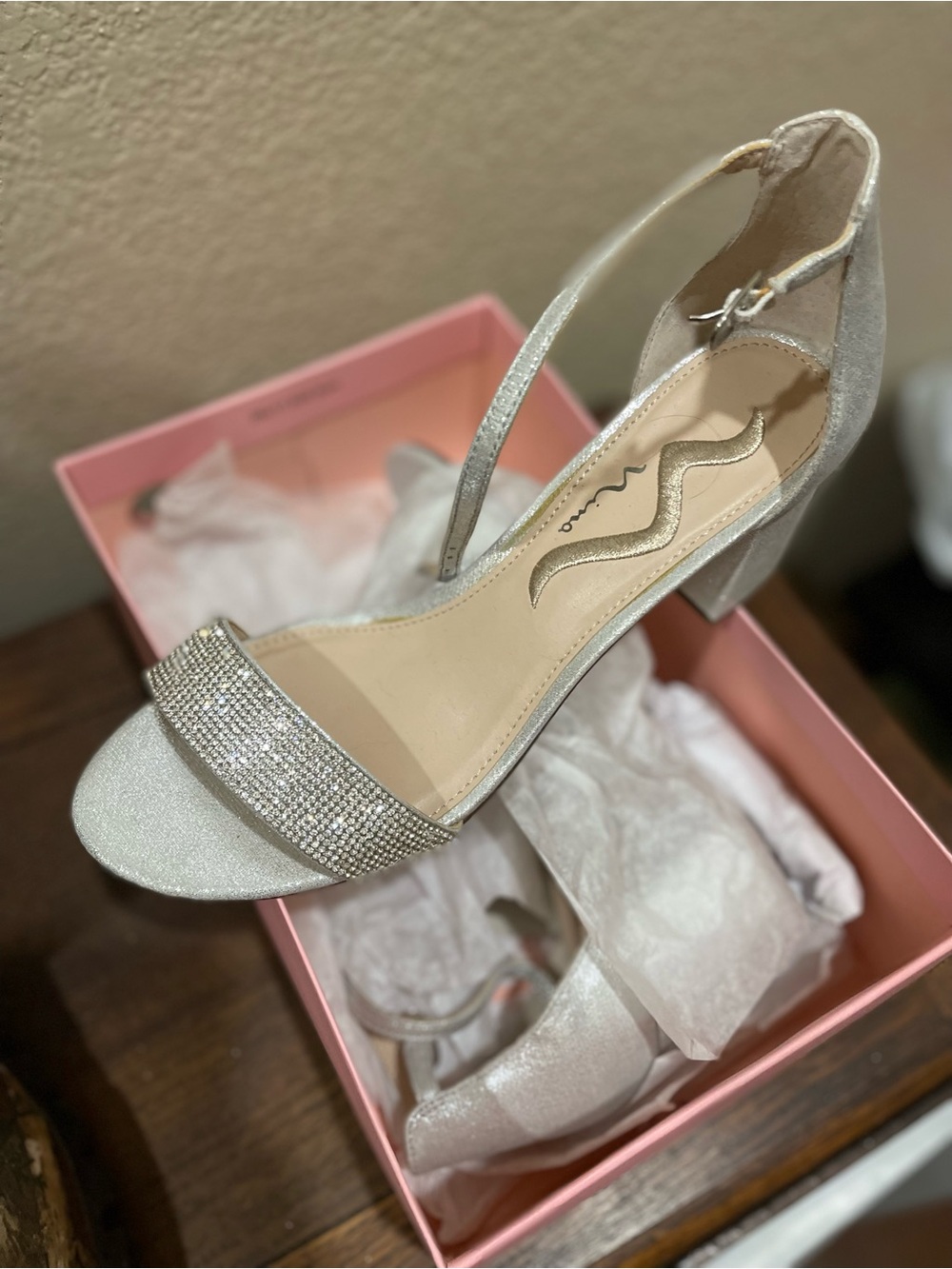 Nina Silver Rhinestone Block Heel Sandal with Ankle Strap